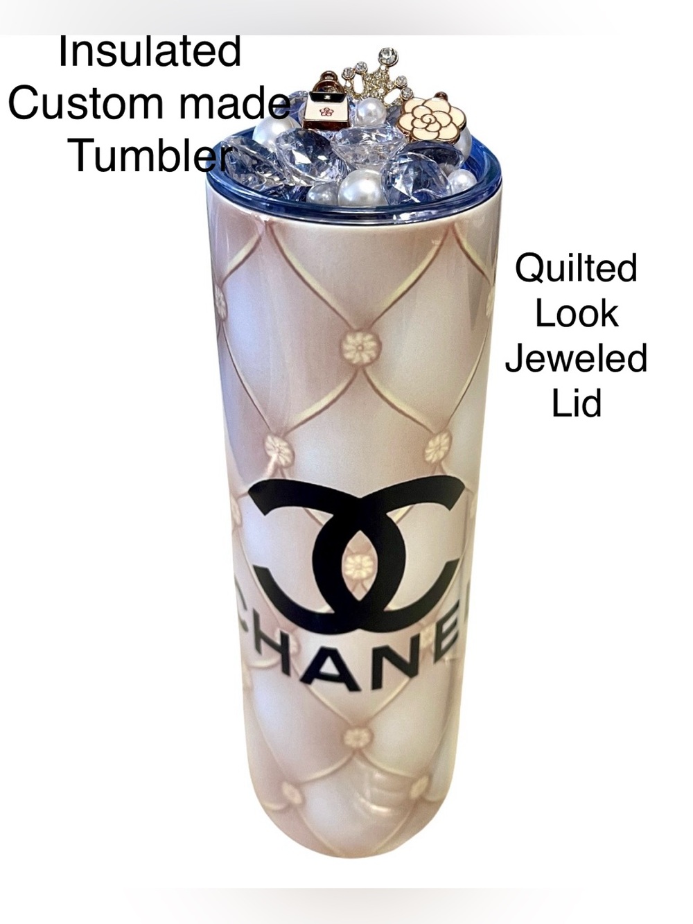 Tumbler Quilted-look Jeweled Lid Insulated SS & metal straw w/brush cleaner NIB